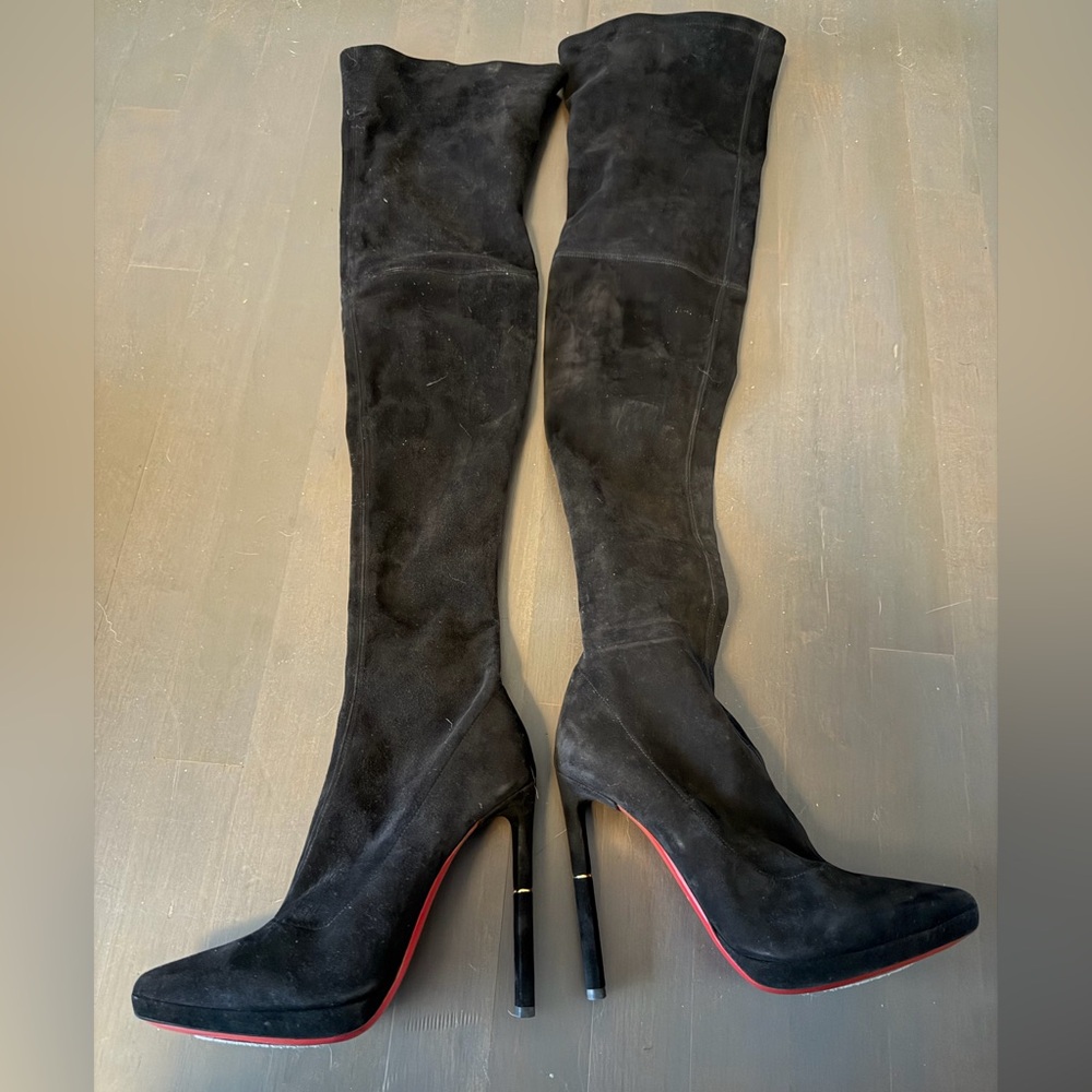 Emilio Pucci black suede thigh high sock boots with red bottoms size 38